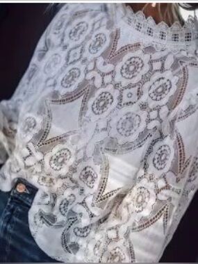 Amazon White Lace High-Neck Long Sleeve Blouse